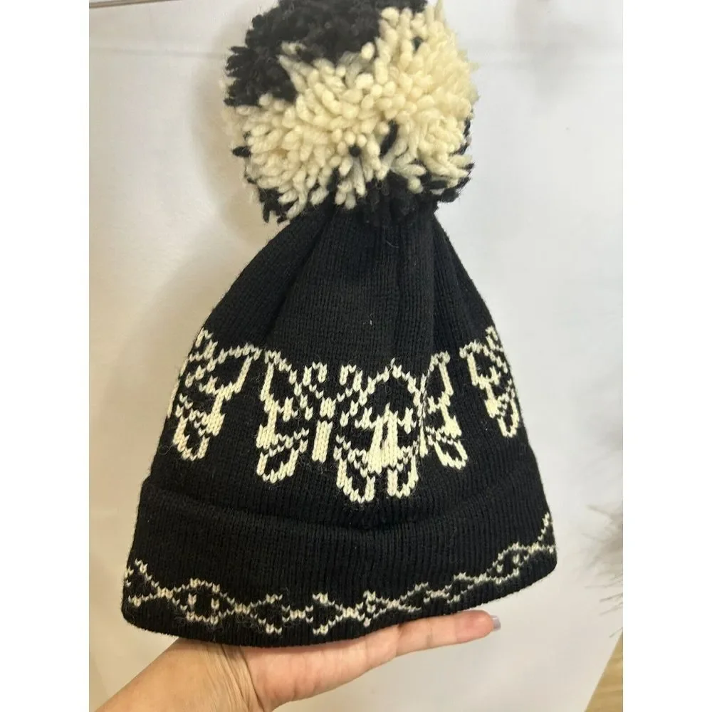 Jada Lee 100%‎ Wool Big Pom Pom Knit Ski Hat Snow Winter Black White